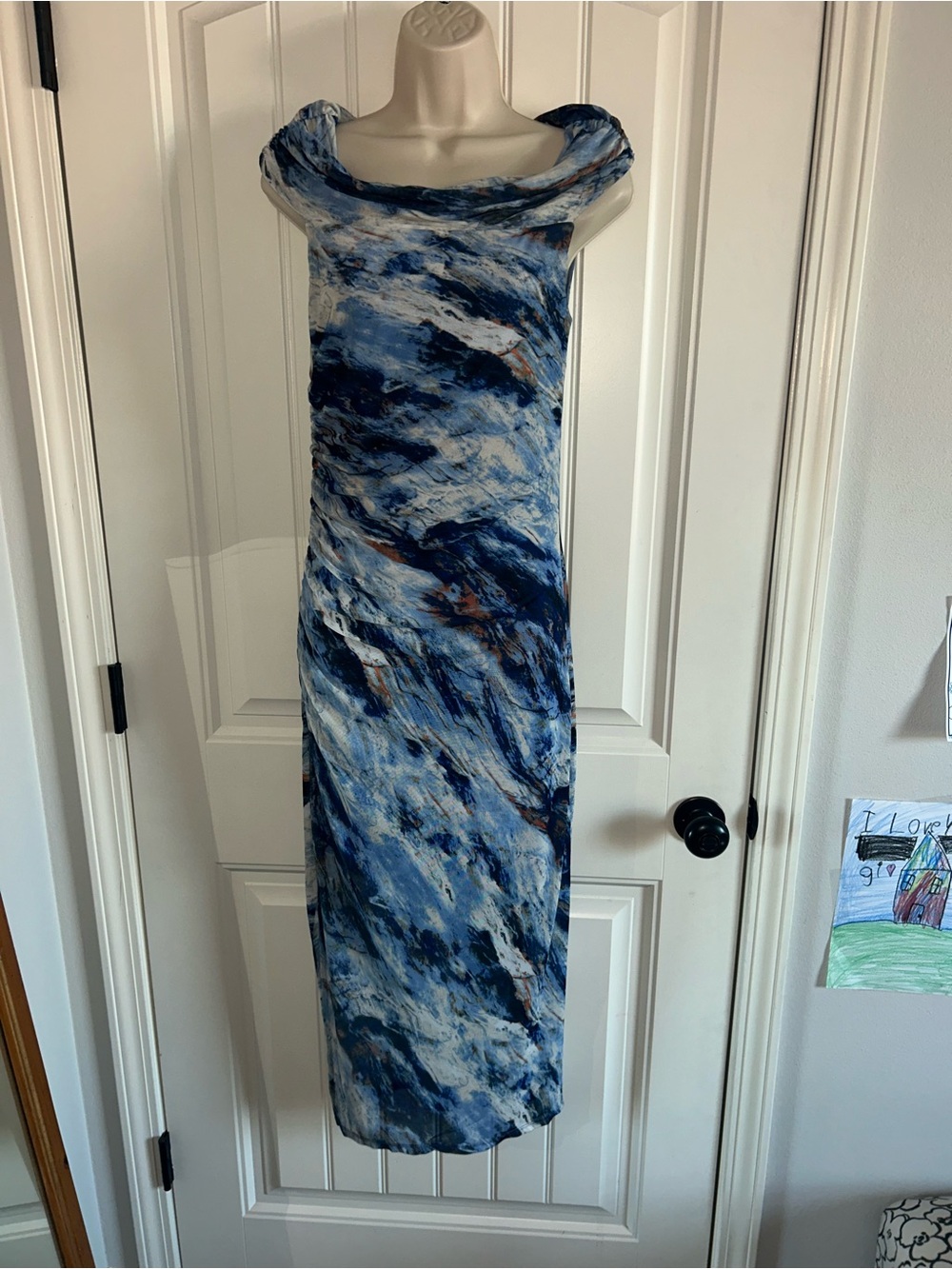 NEW nine britton Blue Marble Cowl Neck Maxi Dress with Navy Accents Sz S